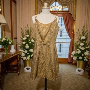 MCM Union Label Cocktail Dress S Brocade Jacquard Texture Metallic Gold Sheen